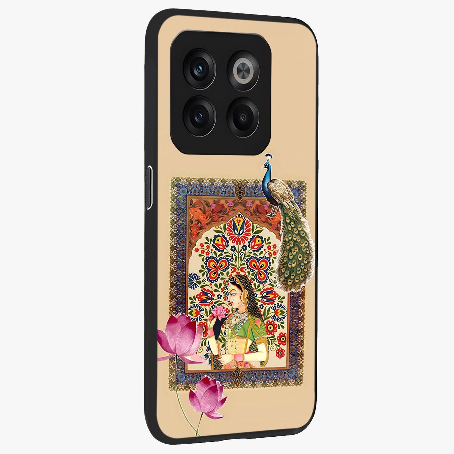 Mughal Princess and Peacock Glass Case for 1+10T side perspective highlighting detailed cultural textures and smooth premium build