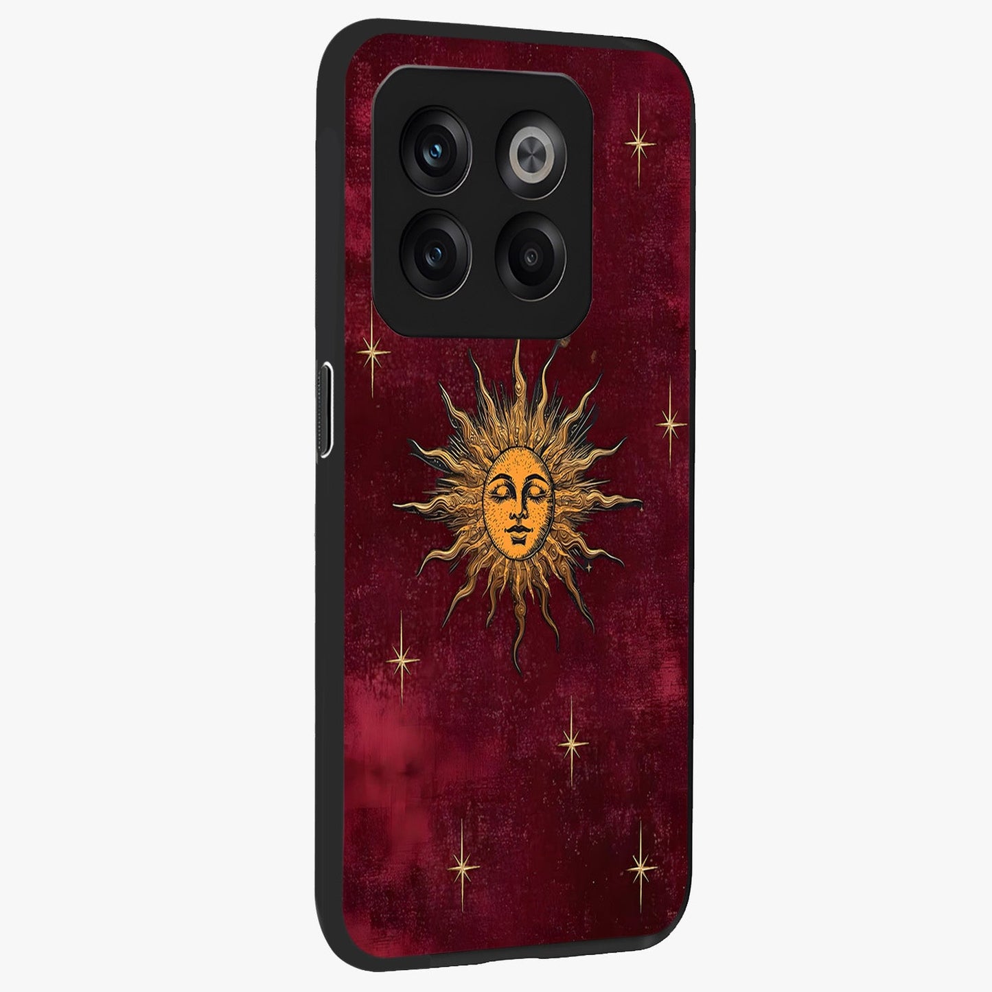 Mystic Solar Glow Glass Case for 1+10T side perspective highlighting luminous detailing and premium edges