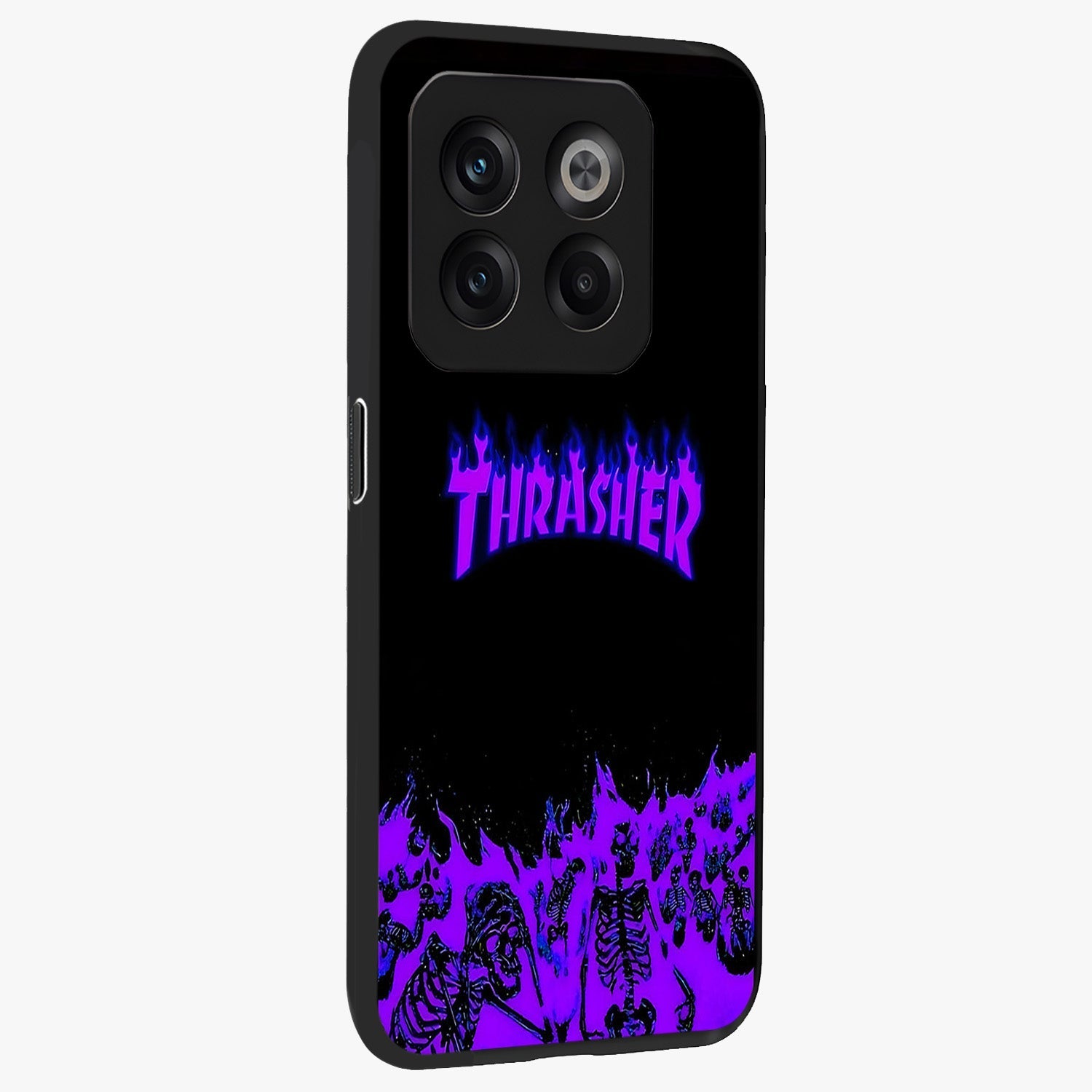Neon Flame Riot Glass Case for 1+10T side perspective highlighting fiery detailing and sleek premium build