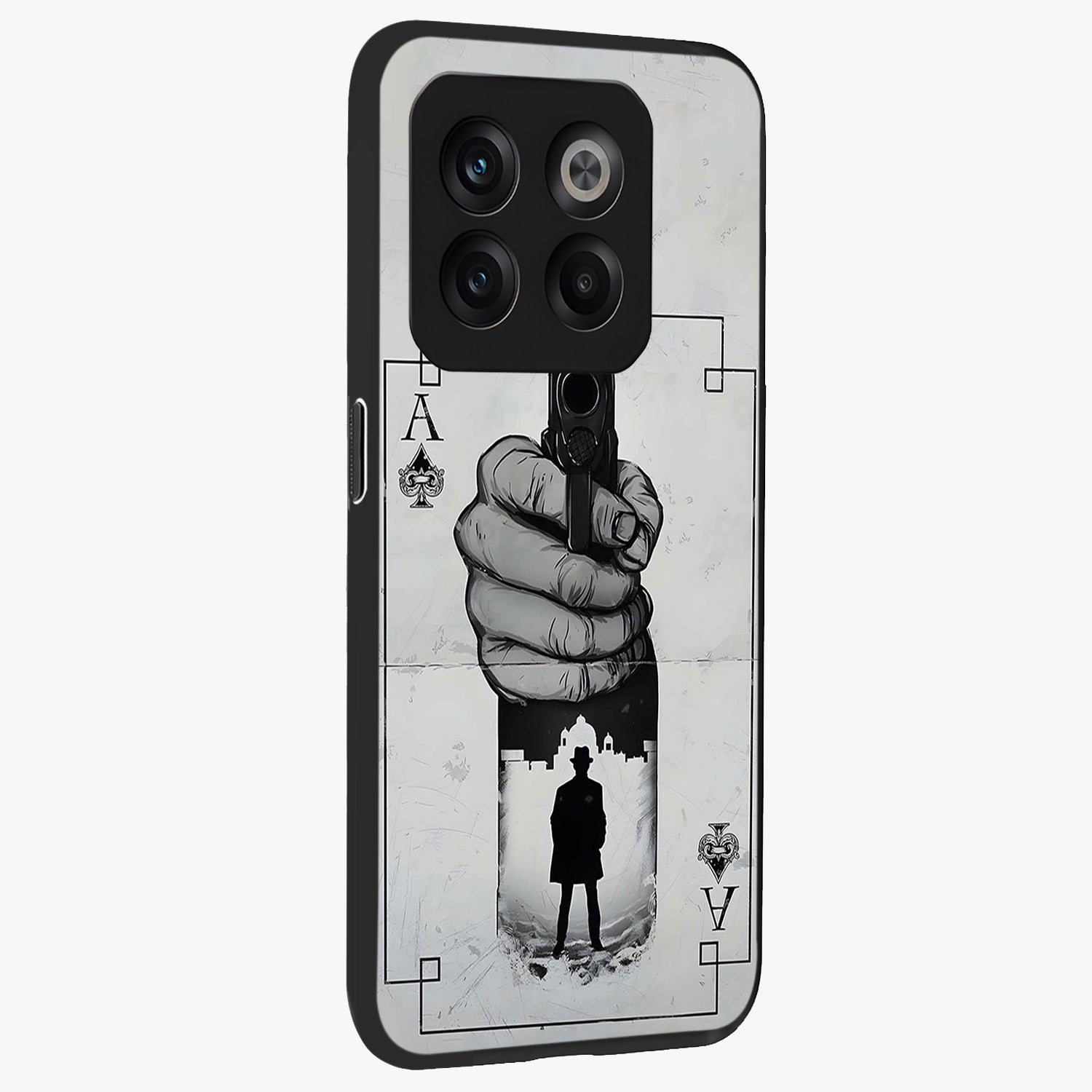 Noir Trigger Fate Glass Case for 1+10T side perspective highlighting strong contrast textures and premium edges