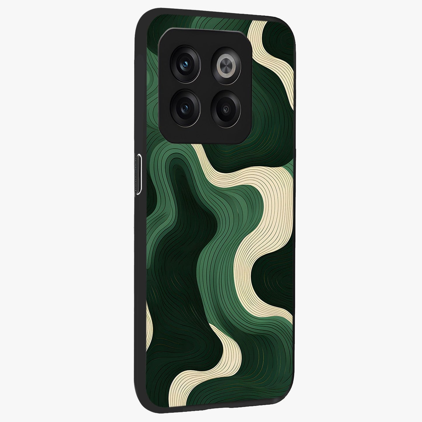 Organic Swirl Design Glass Case for 1+10T side perspective highlighting fluid textures and premium edges