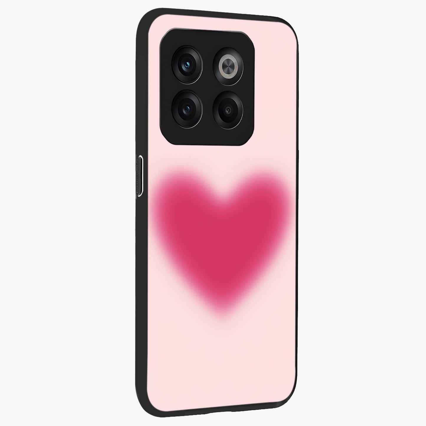 Pink Aura Heart Glass Case for 1+10T side perspective highlighting smooth gradients and premium edges