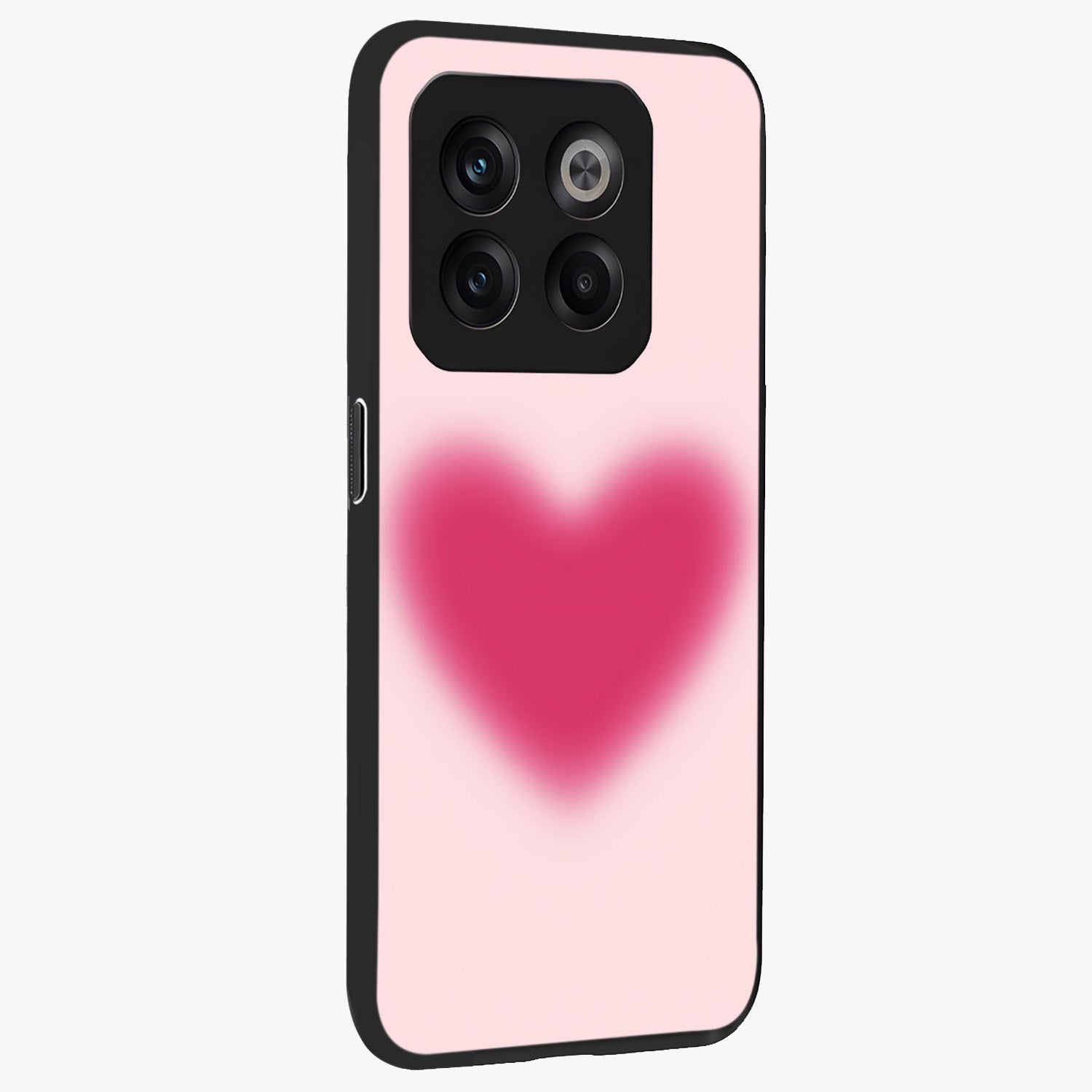 Pink Aura Heart Glass Case for 1+10T side perspective highlighting smooth gradients and premium edges