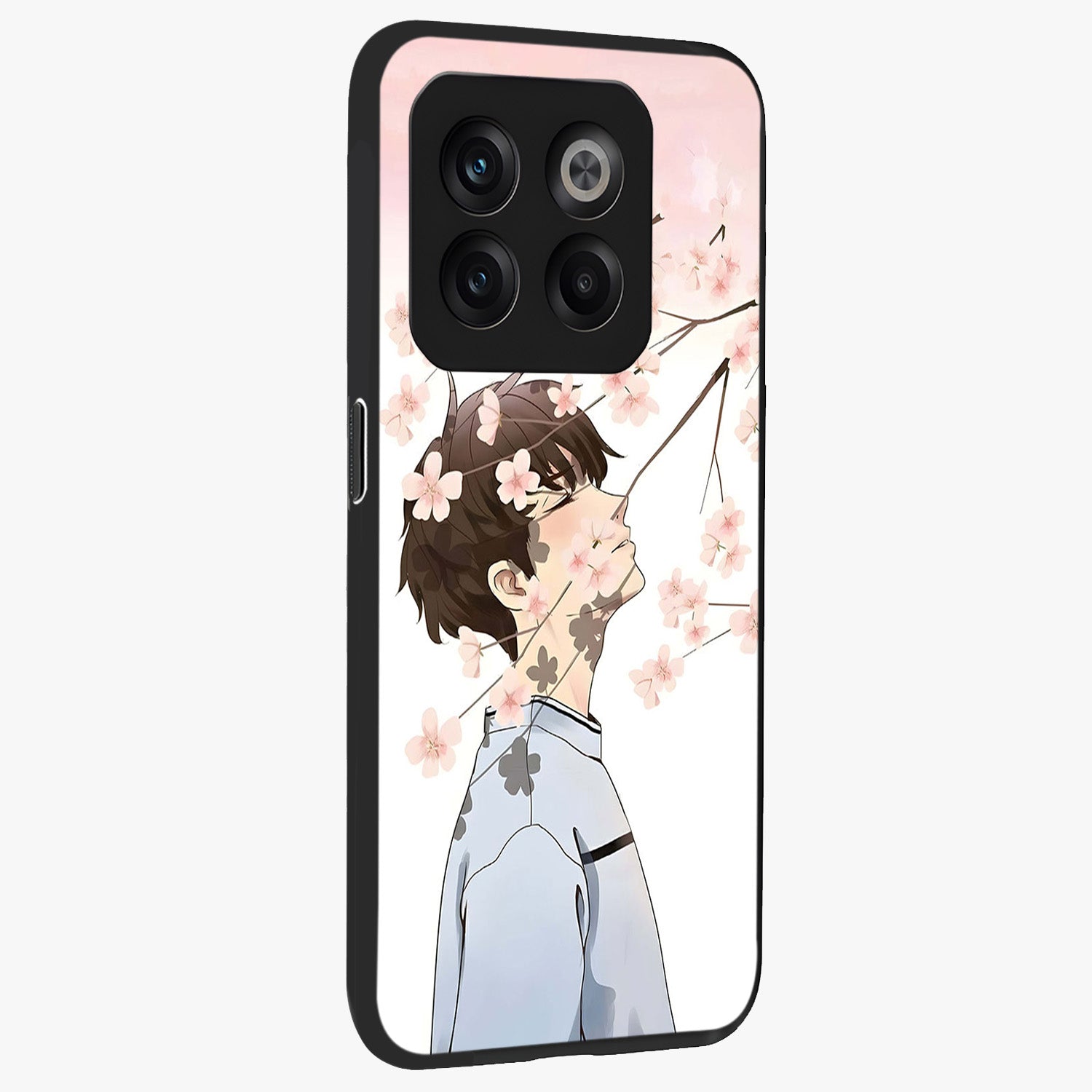 Pink Blossom Boy Glass Case for 1+10T side perspective highlighting delicate floral textures and sleek build