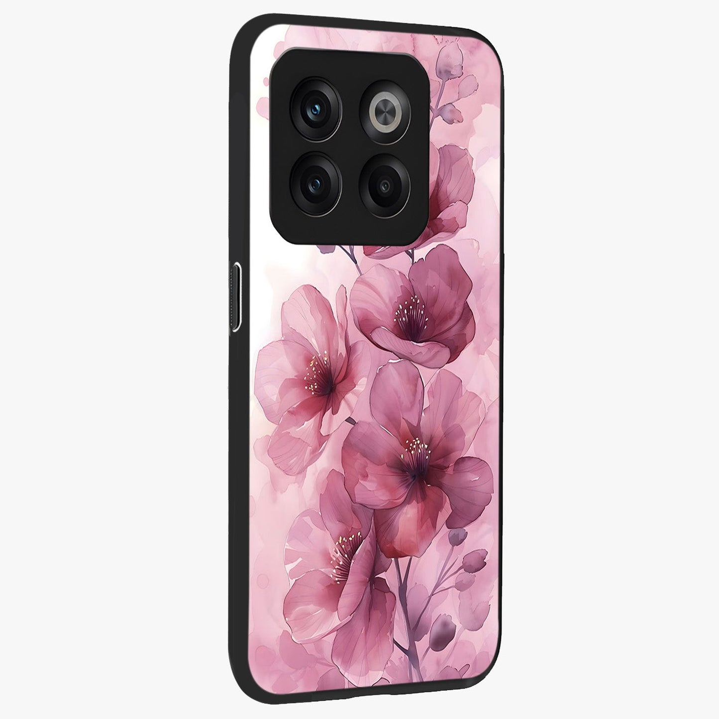 Pink Floral Glass Case for 1+10T side perspective highlighting subtle floral textures and premium edges
