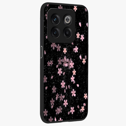 Pink Flower Black Background Glass Case for 1+10T side perspective highlighting vivid bloom textures and sleek build