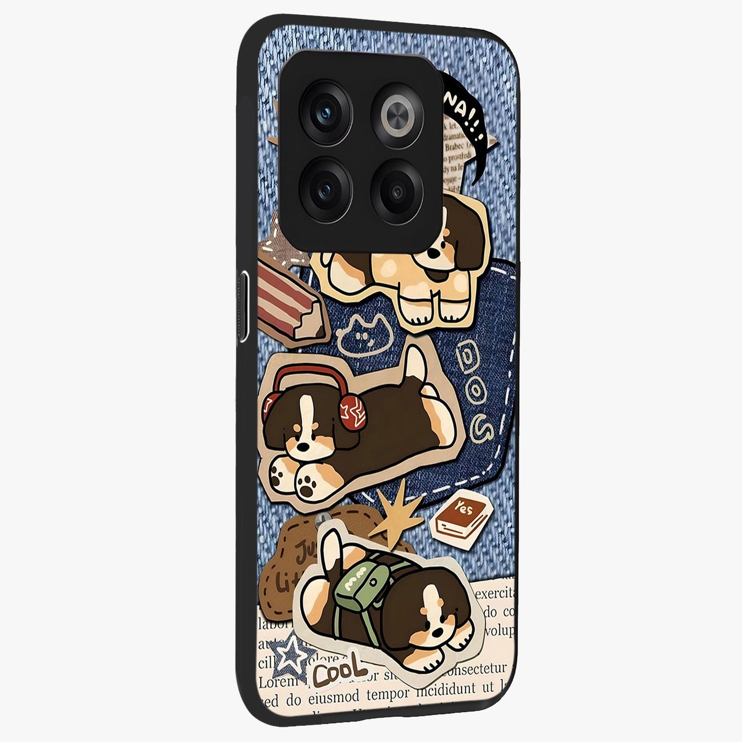 Puppy Sticker Parade Glass Case for 1+10T side perspective highlighting fun sticker textures and premium edges