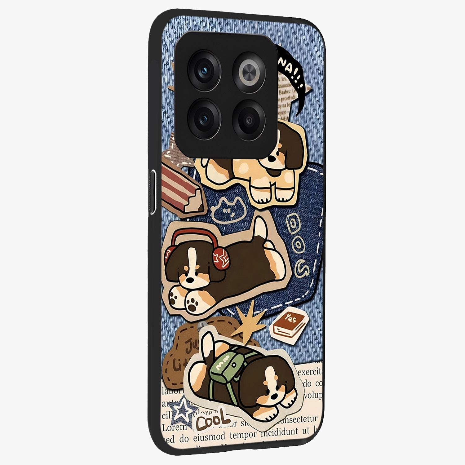 Puppy Sticker Parade Glass Case for 1+10T side perspective highlighting fun sticker textures and premium edges