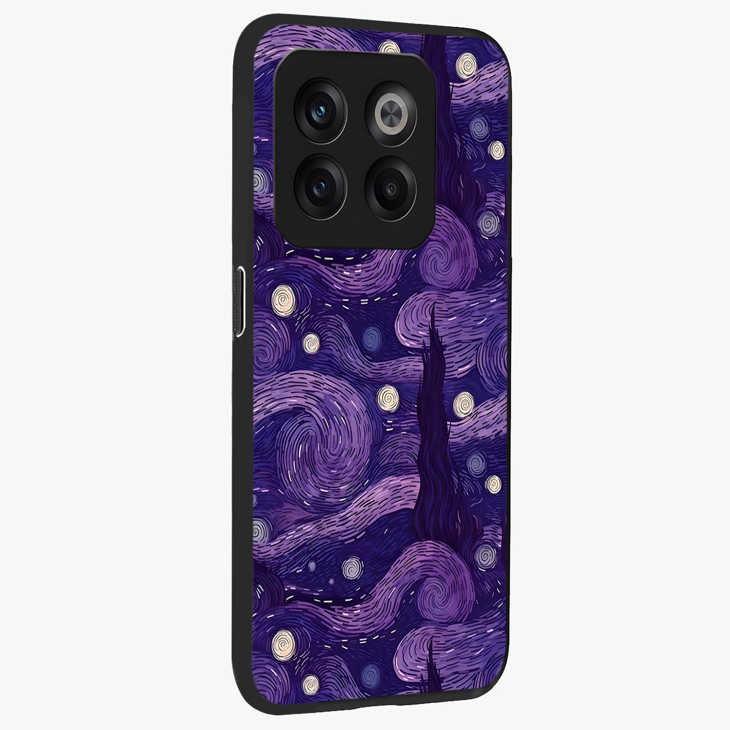 Purple Swirls Glass Case for 1+10T side perspective highlighting fluid textures and sleek premium build