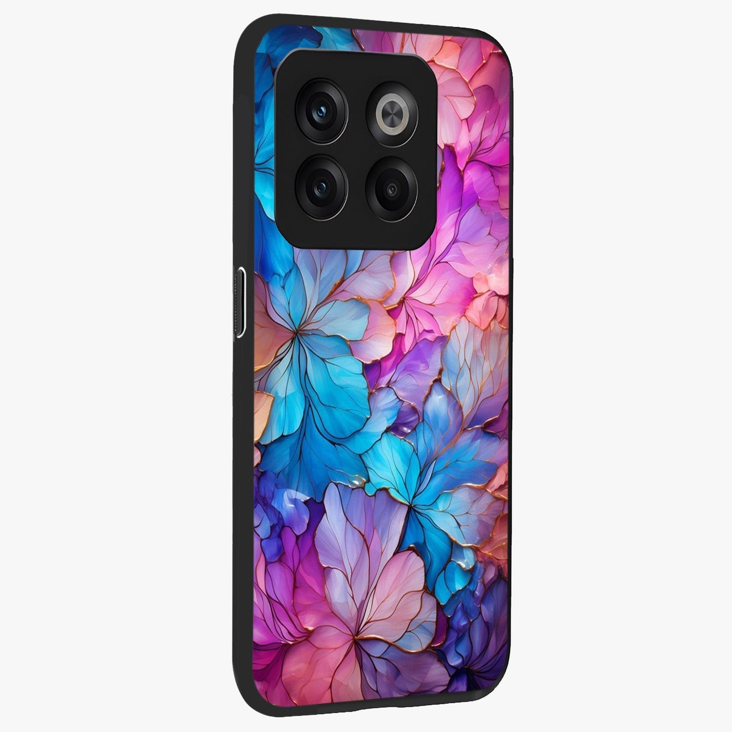Radiant Floral Whirl Glass Case for 1+10T side perspective highlighting flowing textures and premium edges