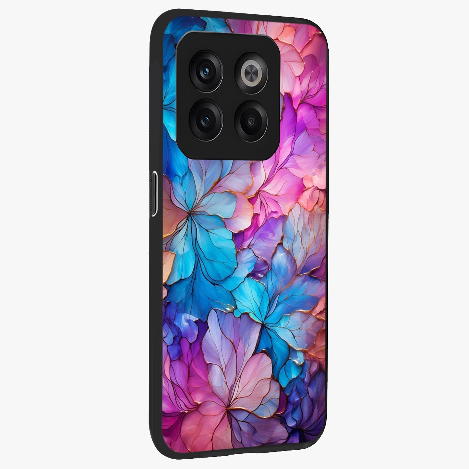 Radiant Floral Whirl Glass Case for 1+10T side perspective highlighting flowing textures and premium edges