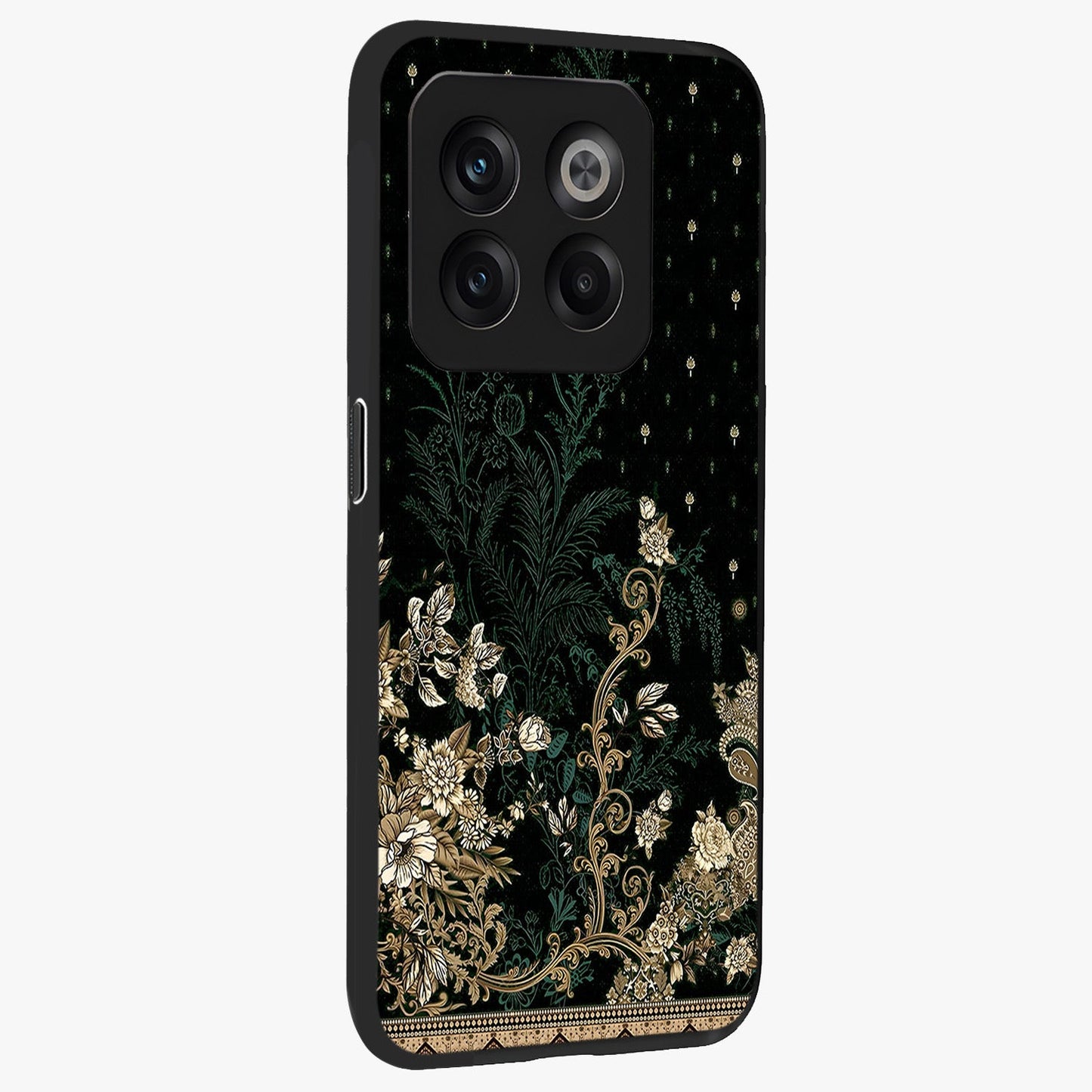 Regal Botanical Tapestry Glass Case for 1+10T side perspective highlighting detailed floral textures and sleek premium build