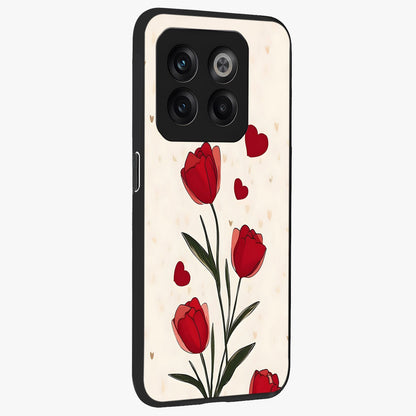 Romantic Tulip Hearts Glass Case for 1+10T side perspective highlighting delicate bloom textures and premium edges