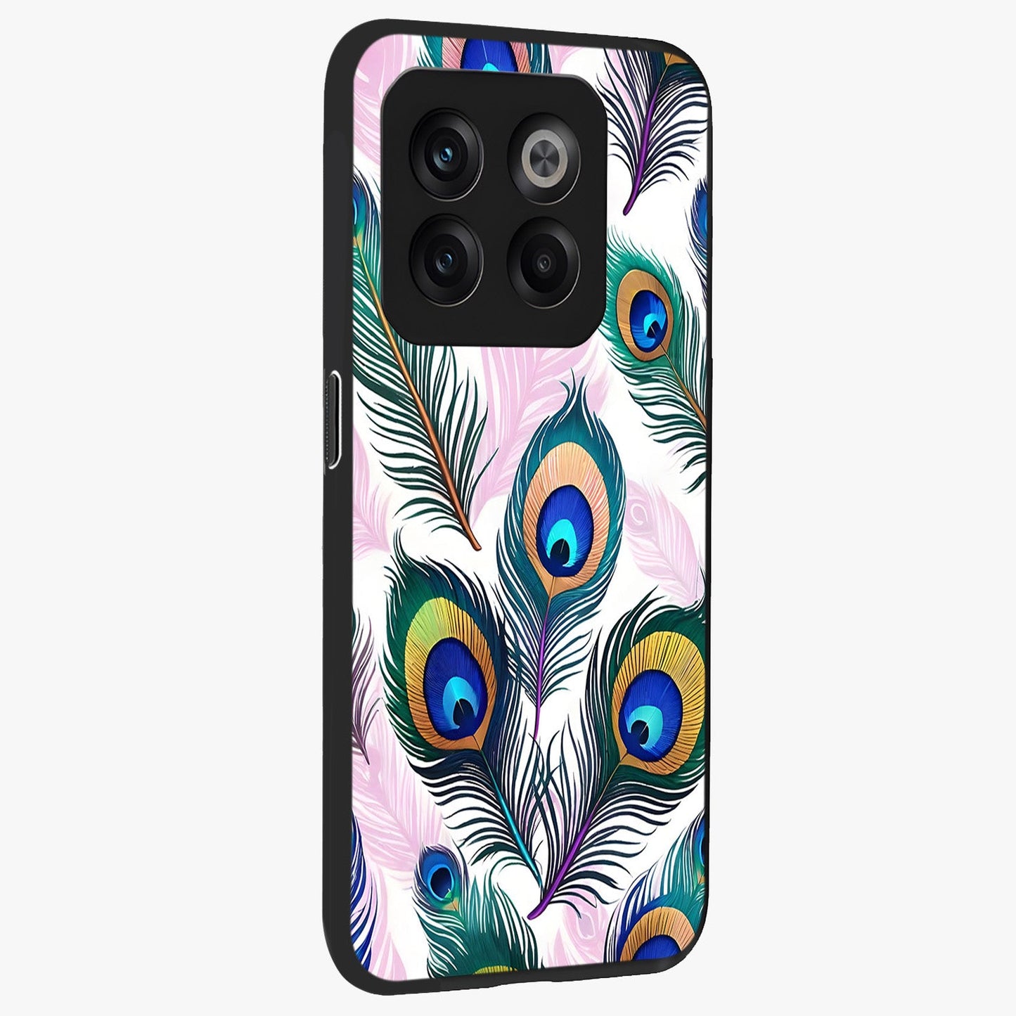 Royal Peacock Feathers Glass Case for 1+10T side perspective highlighting intricate plume textures and sleek premium build