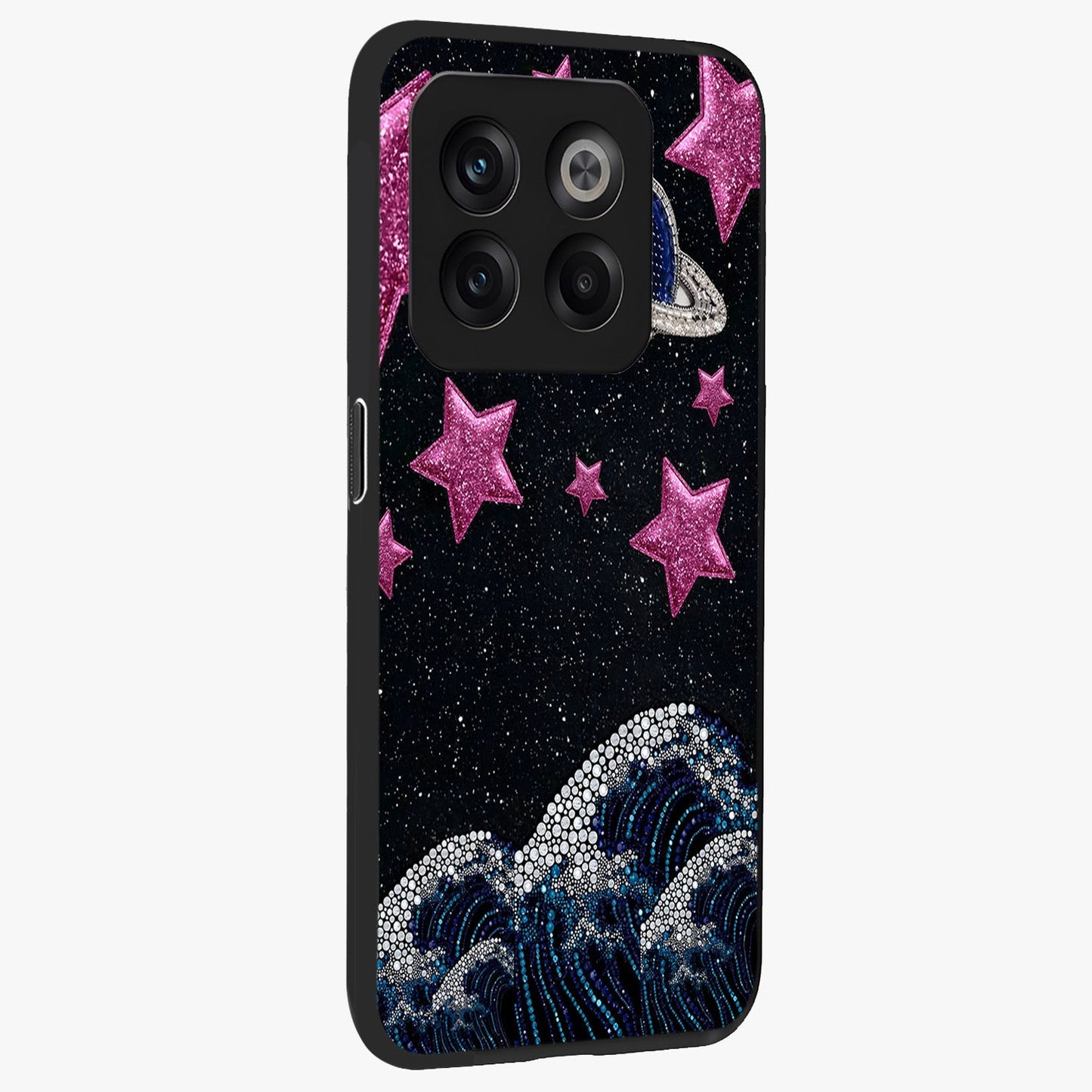 Saturn Pink Storm Glass Case for 1+10T side perspective highlighting planetary textures and premium edges