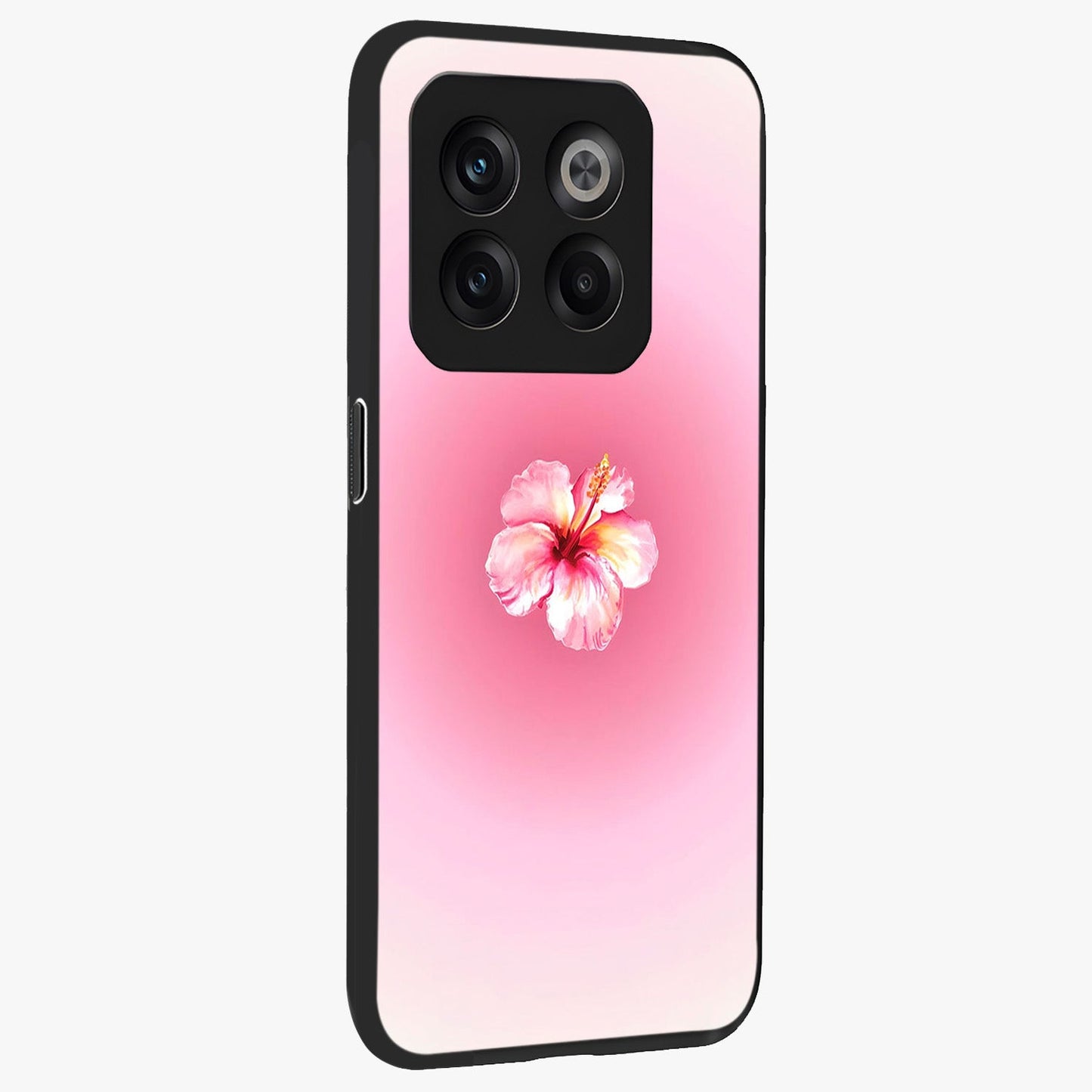 Soft Petal Serenity Glass Case for 1+10T side perspective highlighting refined petal textures and premium edges