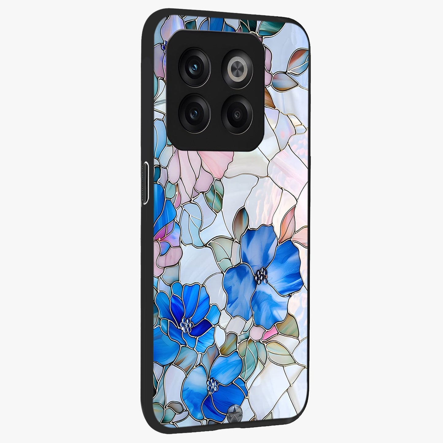 Stained Blue Floral Glass Case for 1+10T side perspective highlighting intricate bloom textures and premium edges