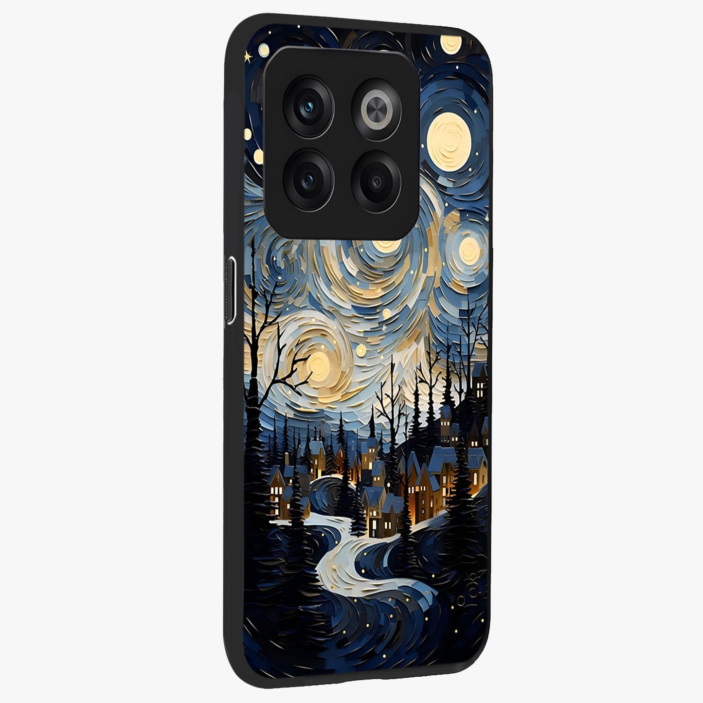 Starry Winter Town Glass Case for 1+10T side perspective highlighting serene landscape textures and premium edges