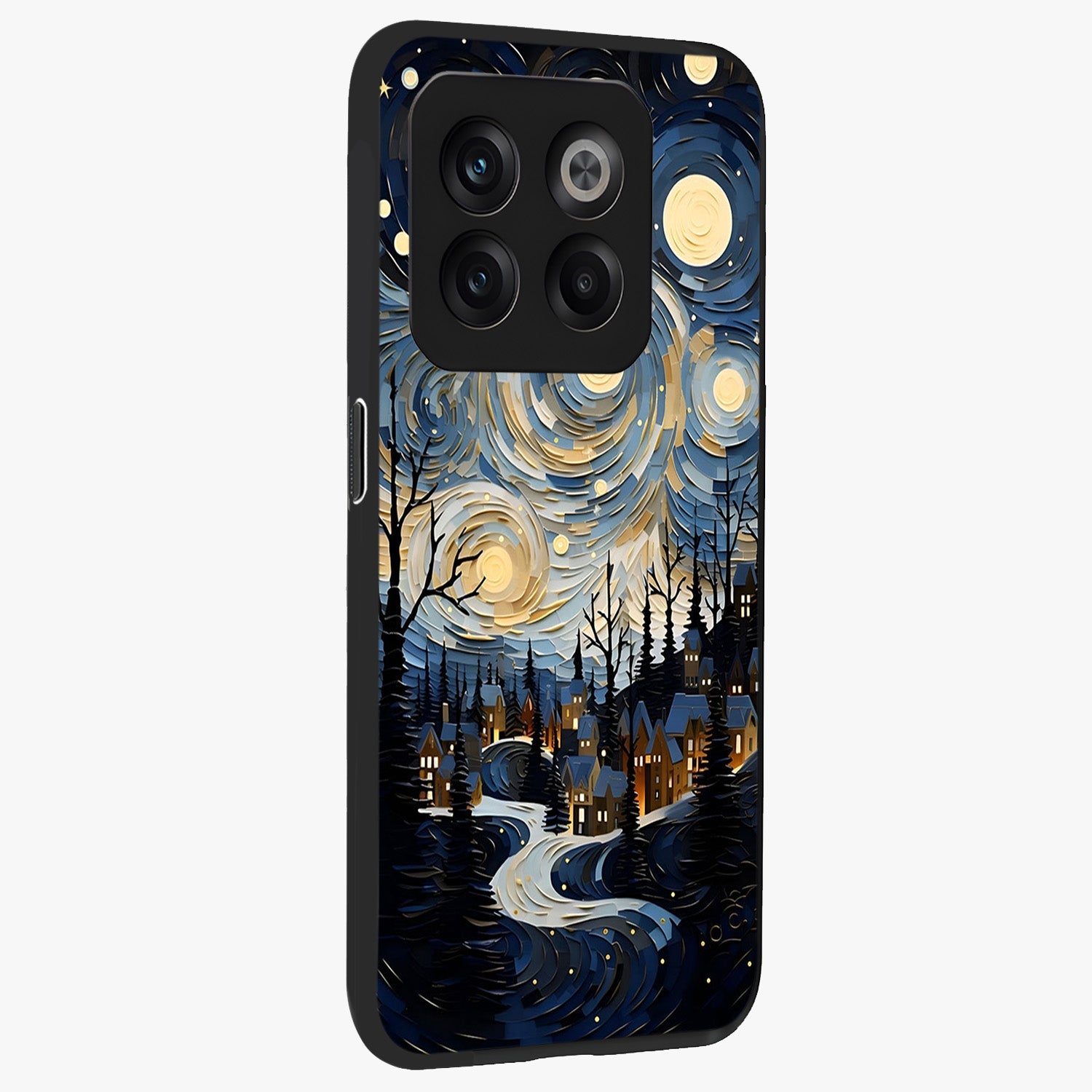 Starry Winter Town Glass Case for 1+10T side perspective highlighting serene landscape textures and premium edges