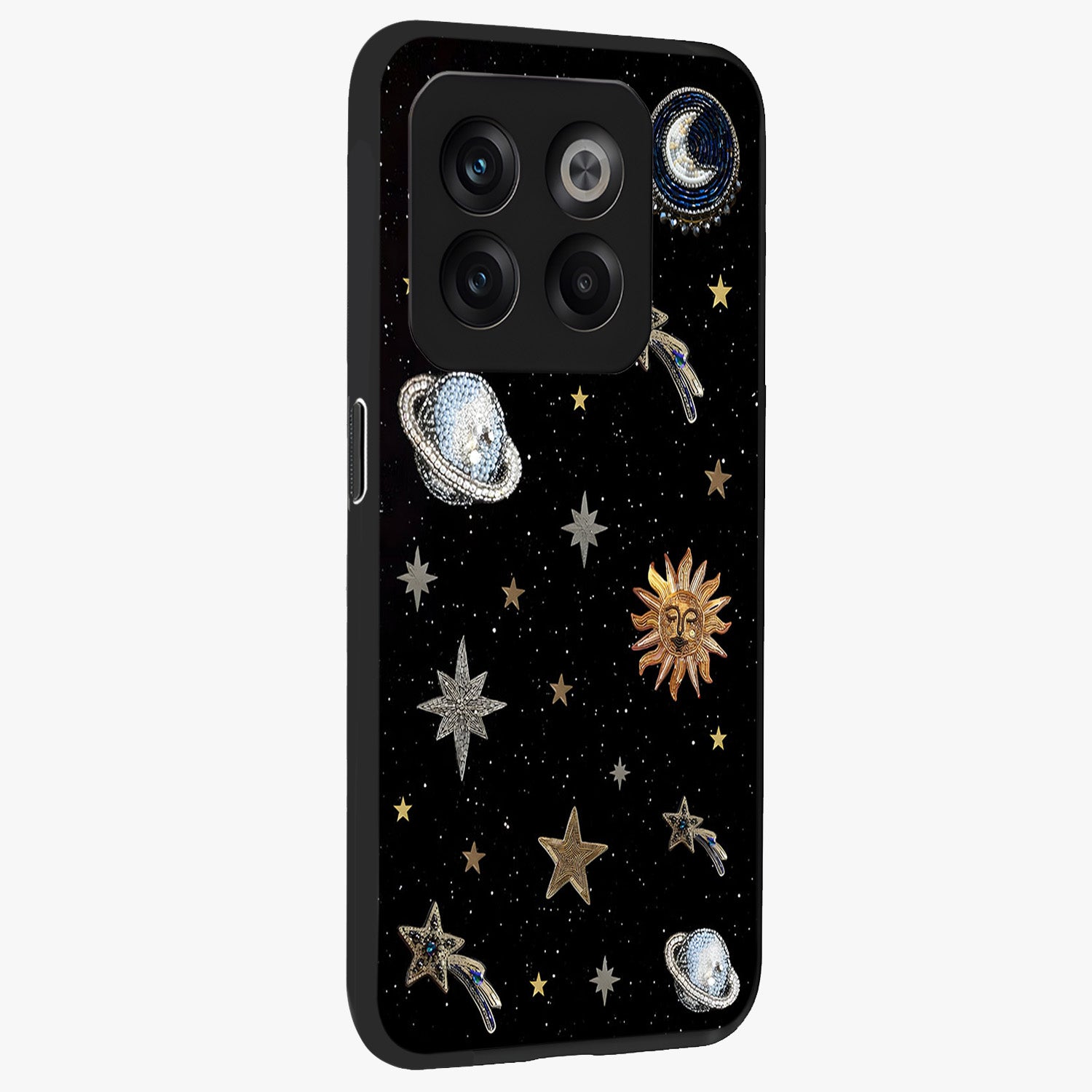 Stars and Planets Brooches Glass Case for 1+10T side perspective highlighting intricate planetary textures and sleek build
