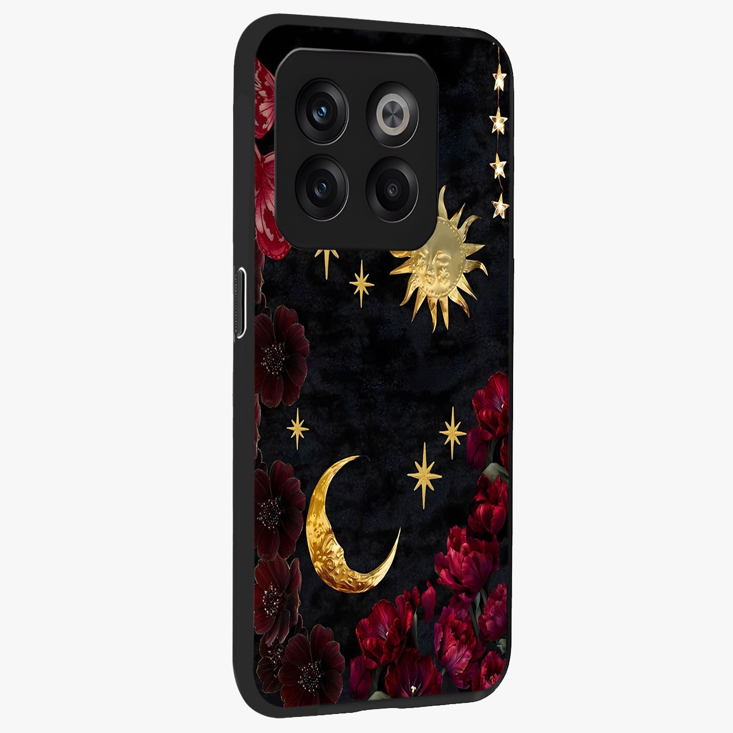 Sunflower Custom Name Glass Case for 1+10T side perspective highlighting custom typography and vibrant bloom textures