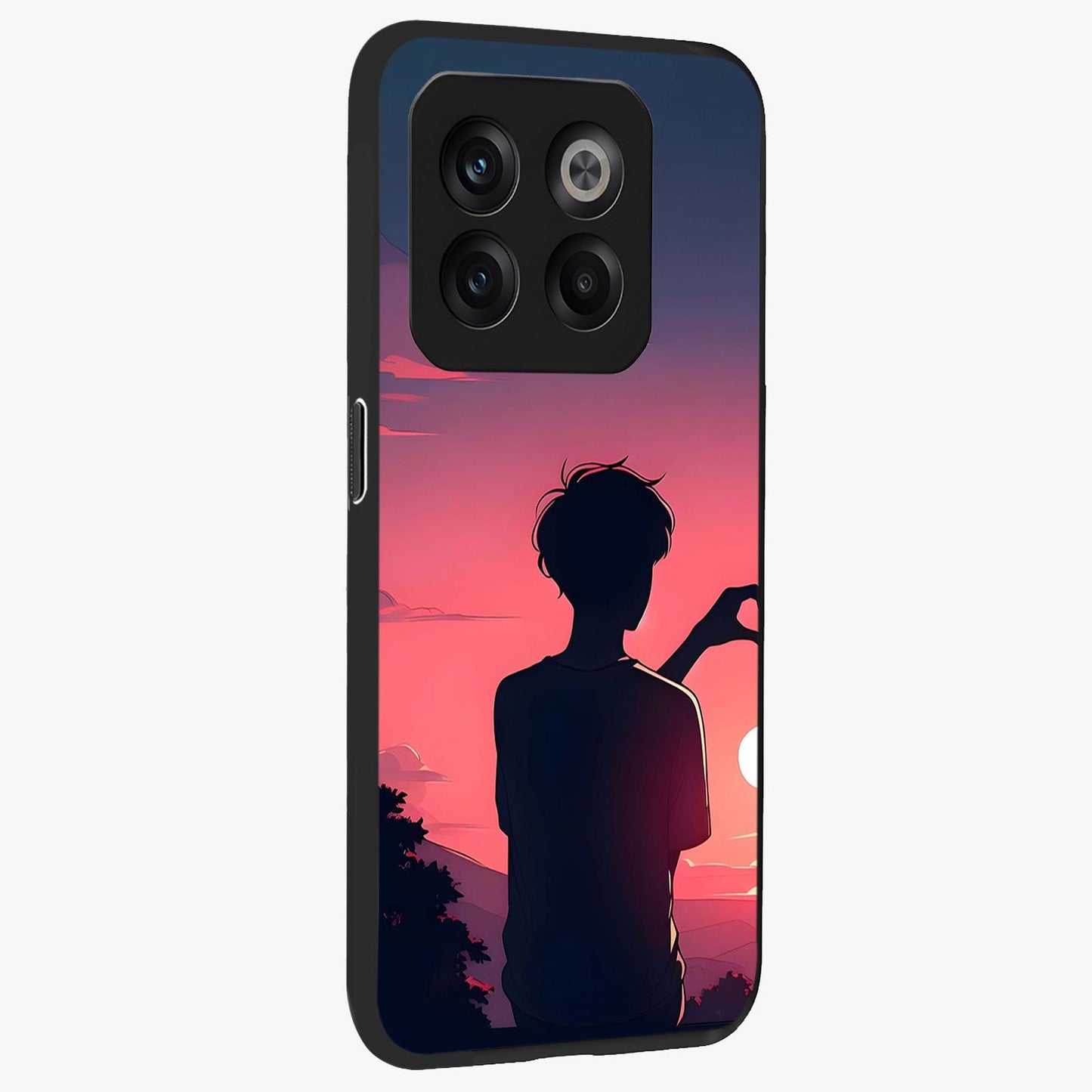 Sunset Silhouette Girl Glass Case for 1+10T side perspective highlighting soft scenic textures and sleek premium build