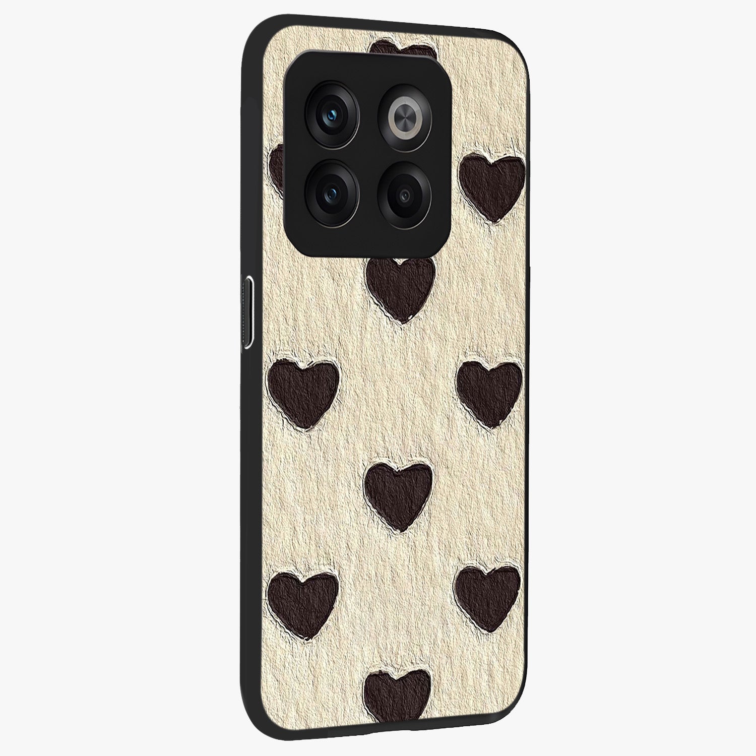 Textured Love Pattern Glass Case for 1+10T side perspective highlighting soft textures and smooth premium build