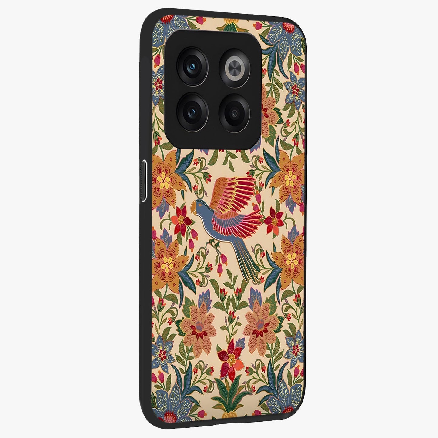 Tropical Folk Art Bird Glass Case for 1+10T side perspective highlighting detailed feather textures and premium edges