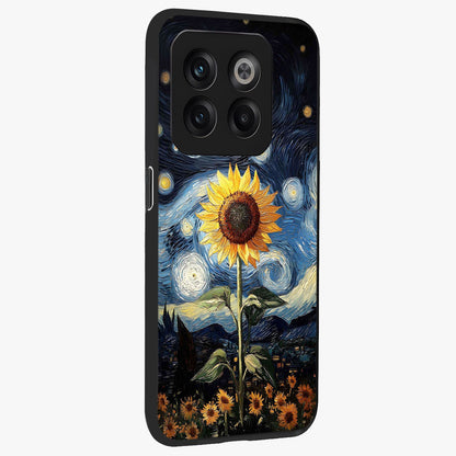 Van Gogh Sunflower Glass Case for 1+10T side perspective highlighting textured brushstroke details and premium edges