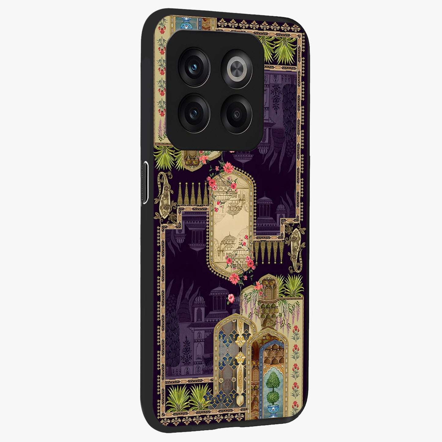 Velvet Mughal Art Glass Case for 1+10T side perspective highlighting ornate detailing and smooth premium build