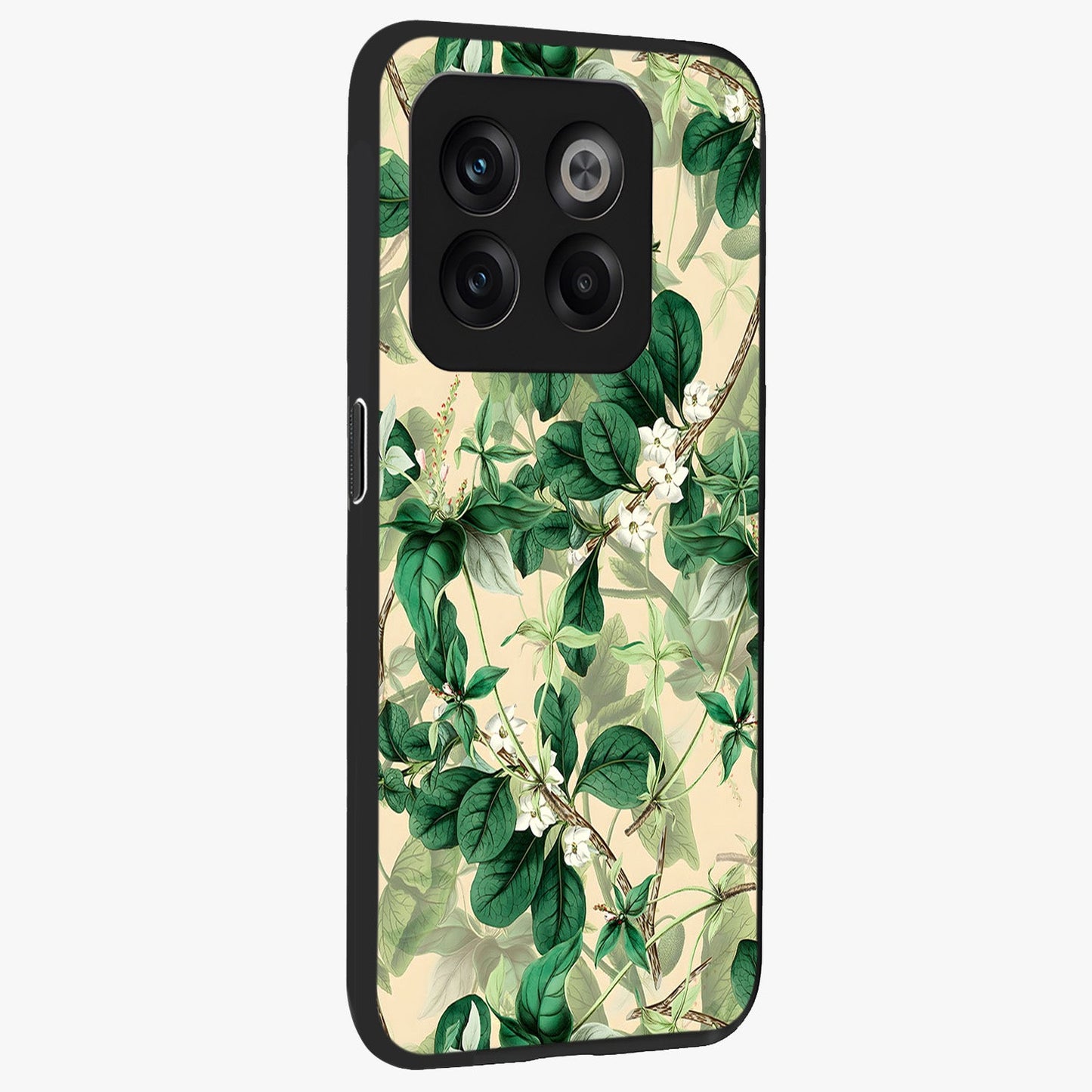 Verdant Garden Whispers Glass Case for 1+10T side perspective highlighting delicate leaf textures and premium edges