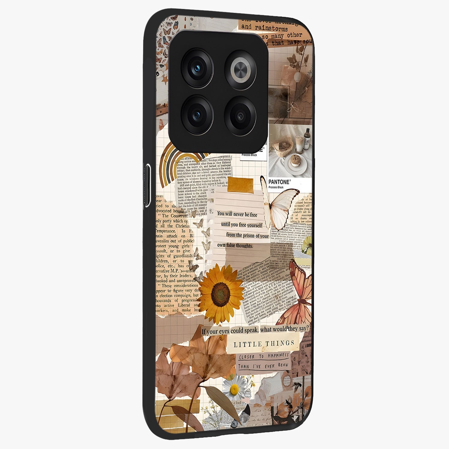 Vintage Aesthetic Collage Glass Case for 1+10T side perspective highlighting textured layers and premium edges