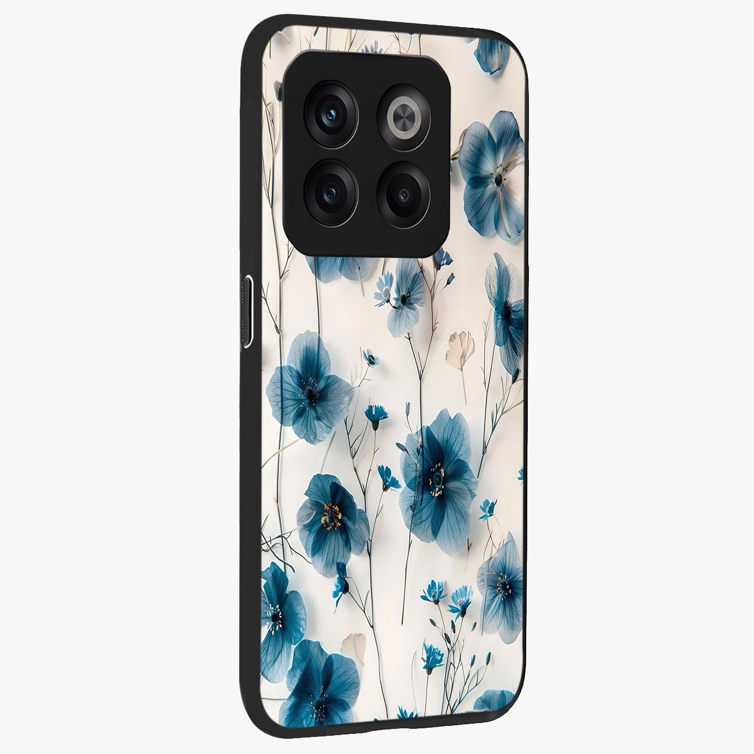 Whispers of Blue Bloom Glass Case for 1+10T side perspective highlighting intricate bloom textures and premium edges