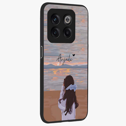Girl Facing Sunset Beach Custom Name Glass Case for OnePlus 10T |1+10T