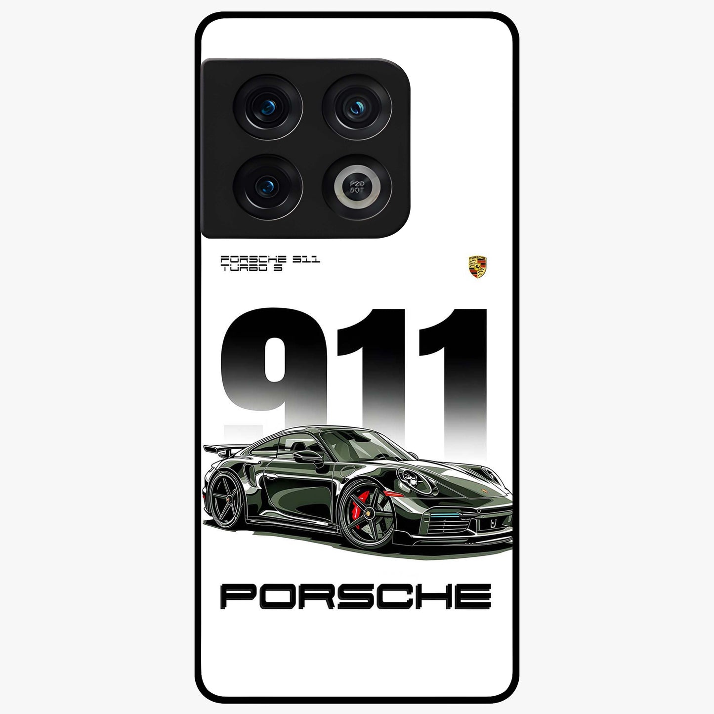 911 Turbo Dominance Glass Case showing clean flat back view with bold 911 sports car artwork and glossy glass finish.