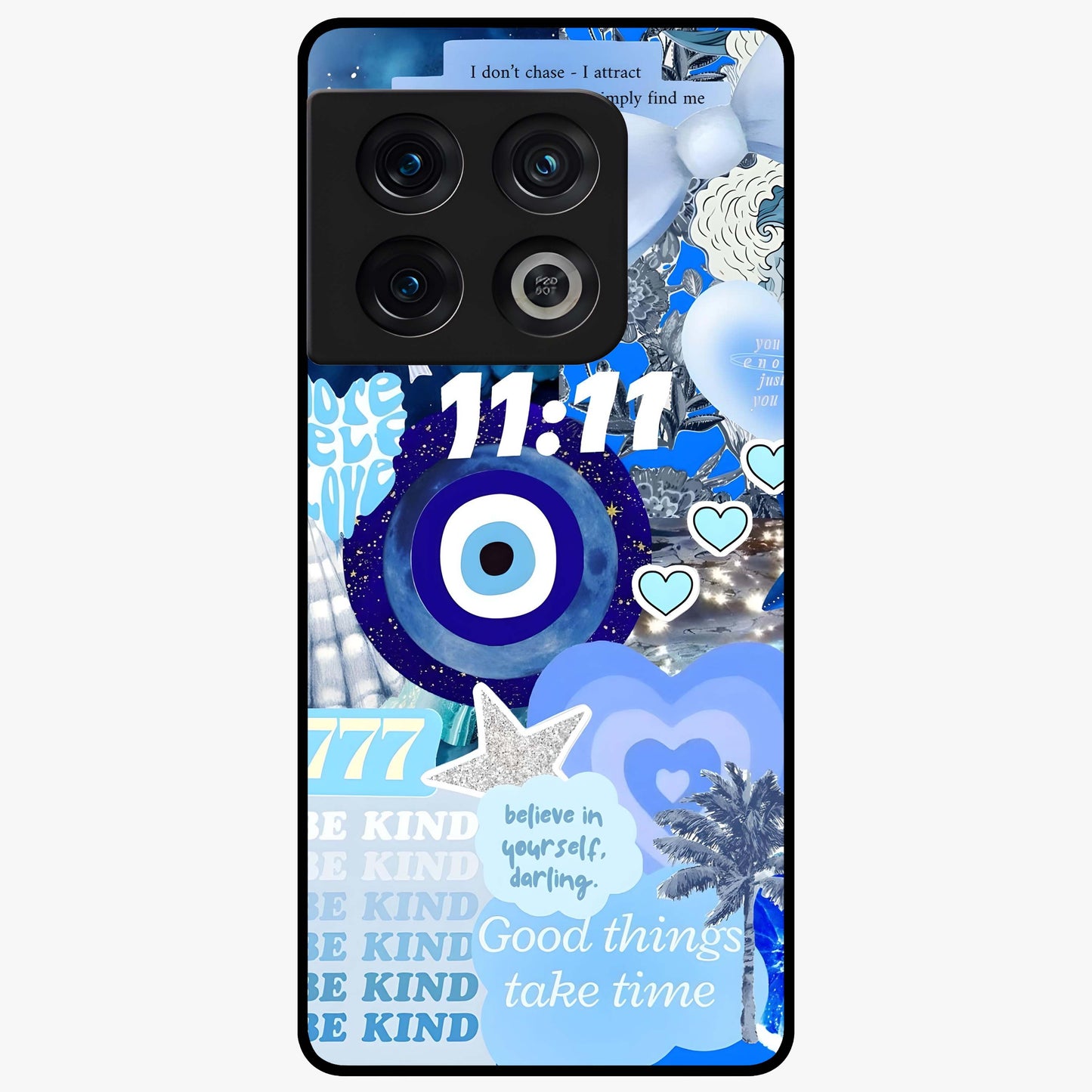 Aesthetic Be Kind Eye Glass Case showing flat back view with motivational eye artwork and glossy glass finish.