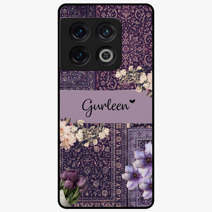 Antique Floral Whisper Custom Name Glass Case showing flat back view with vintage floral artwork and personalized name design.