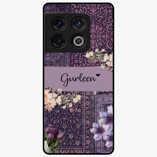 Antique Floral Whisper Custom Name Glass Case showing flat back view with vintage floral artwork and personalized name design.