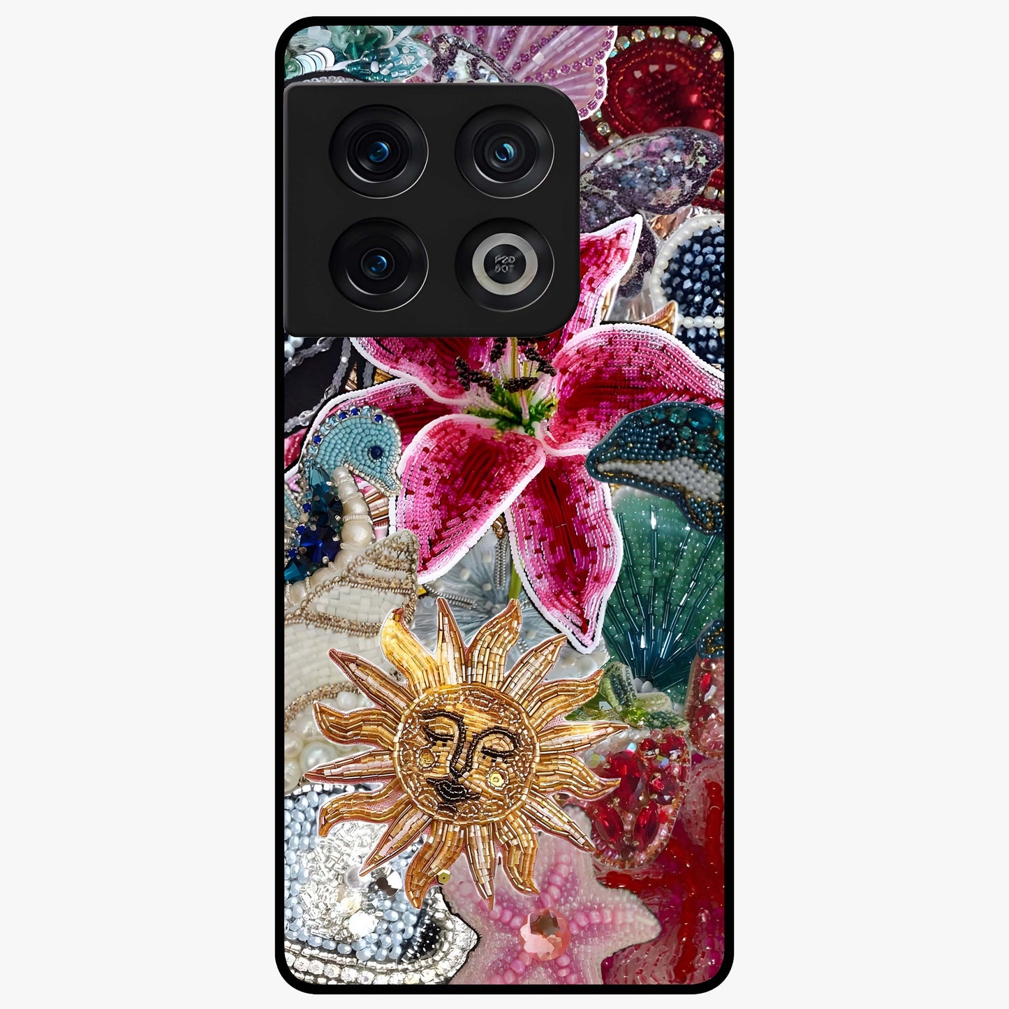 Beaded Garden Fantasy Glass Case showing flat back view with dreamy garden bead artwork and glossy glass finish.