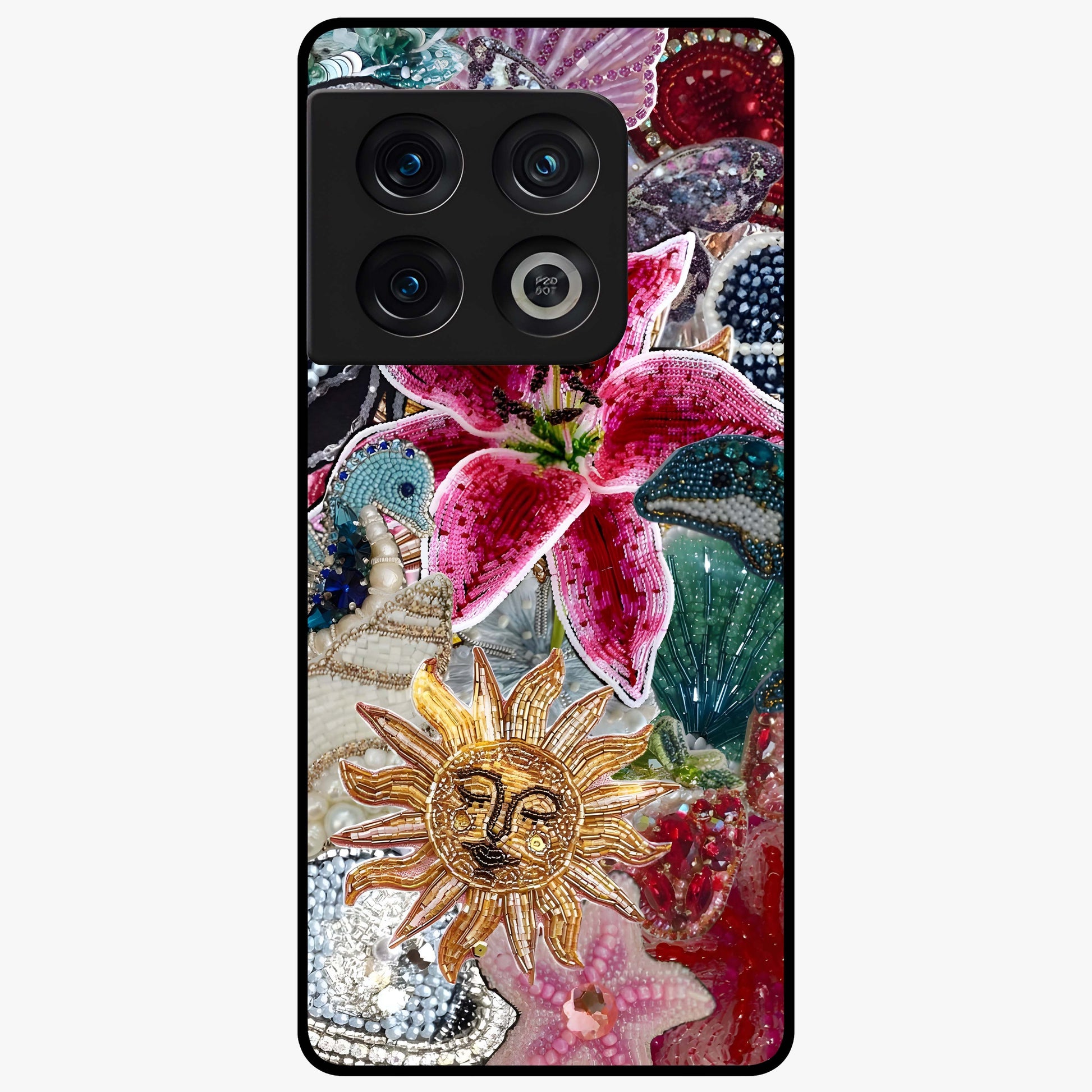 Beaded Garden Fantasy Glass Case showing flat back view with dreamy garden bead artwork and glossy glass finish.