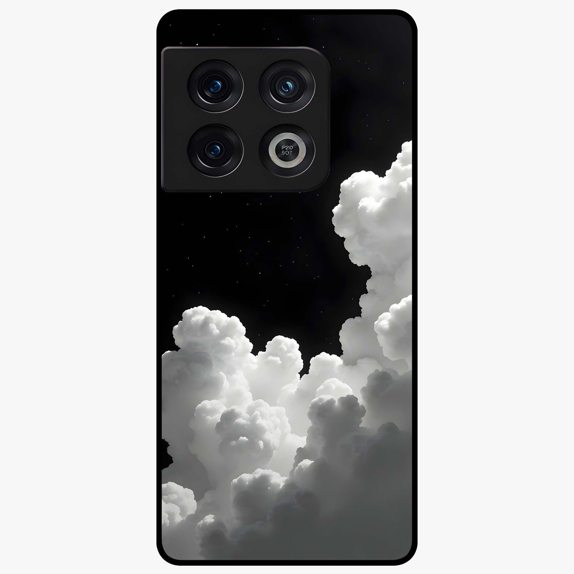 Black Background With White Cloud Glass Case showing flat back view with minimal cloud artwork on dark background and glossy glass finish.