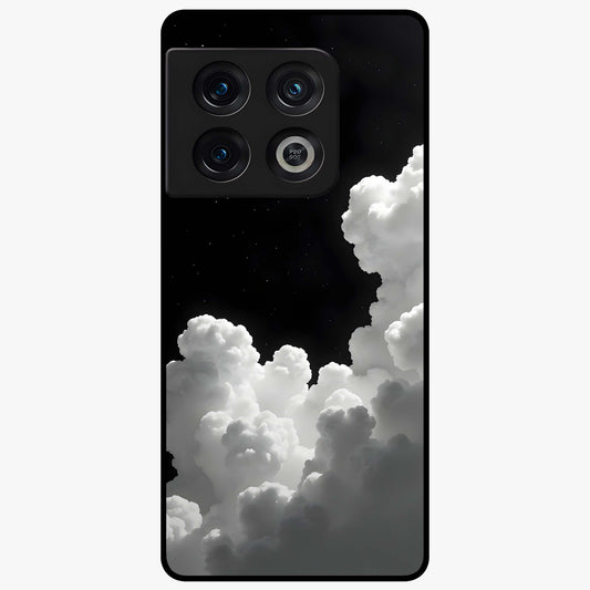 Black Background With White Cloud Glass Case showing flat back view with minimal cloud artwork on dark background and glossy glass finish.
