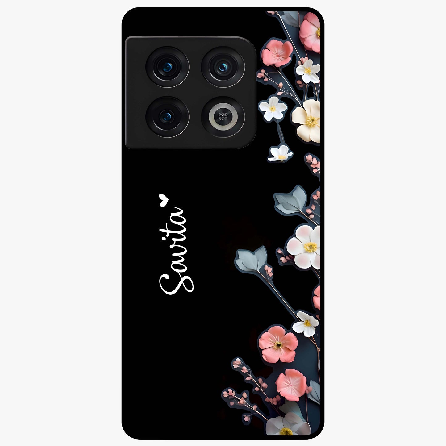 Black Elegance Floral Custom Name Glass Case showing flat back view with elegant floral artwork and personalized name design.