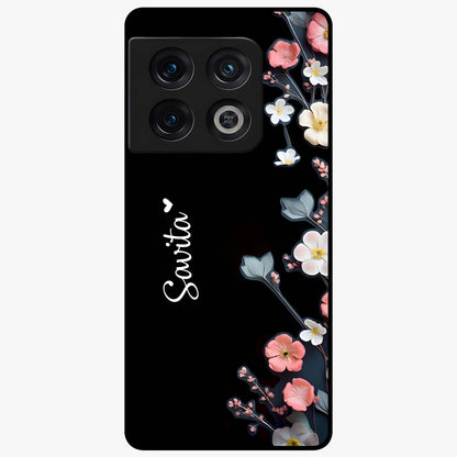 Black Elegance Floral Custom Name Glass Case showing flat back view with elegant floral artwork and personalized name design.