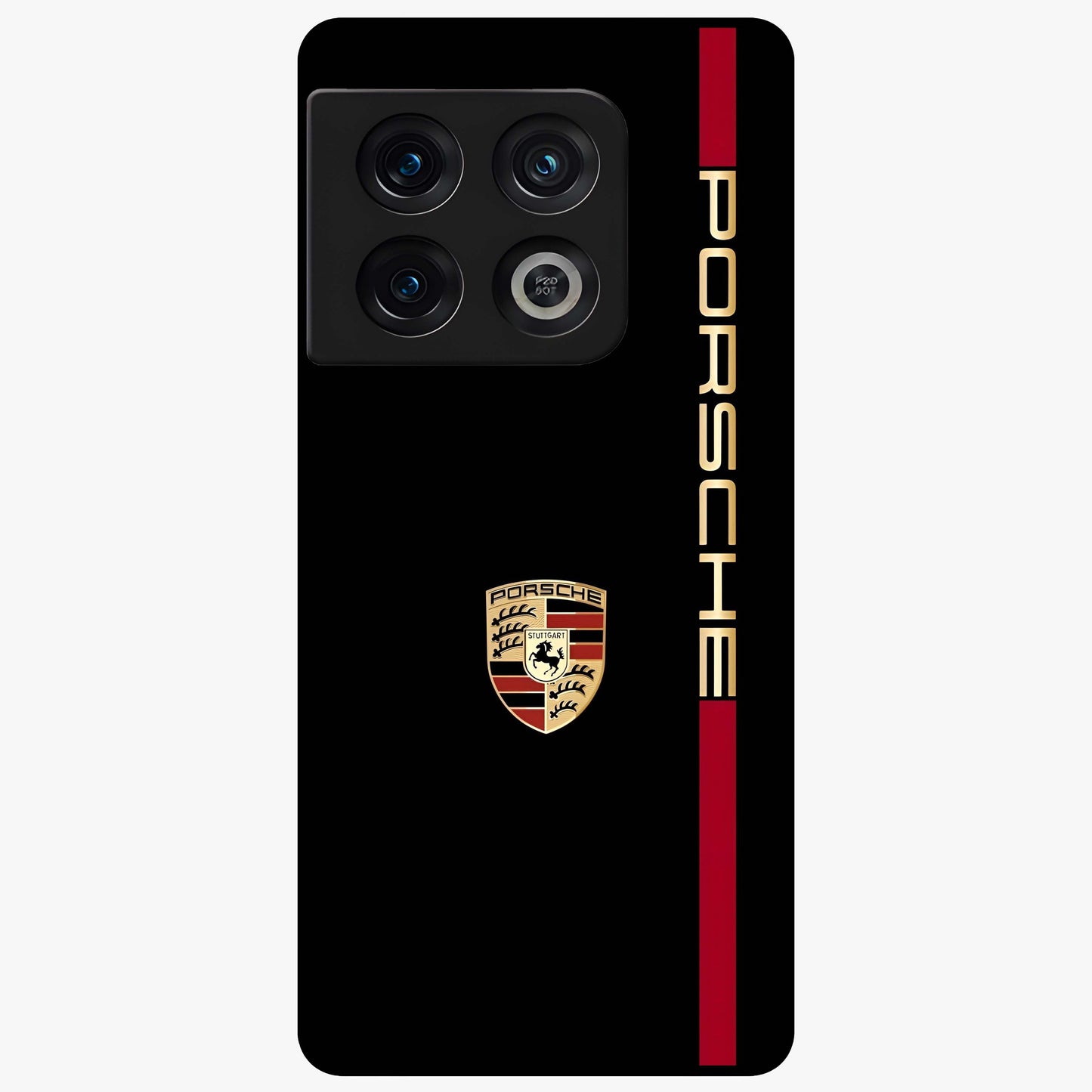 Black Minimal Porsche Glass Case showing flat back view with sleek minimal sports car artwork and glossy glass finish.