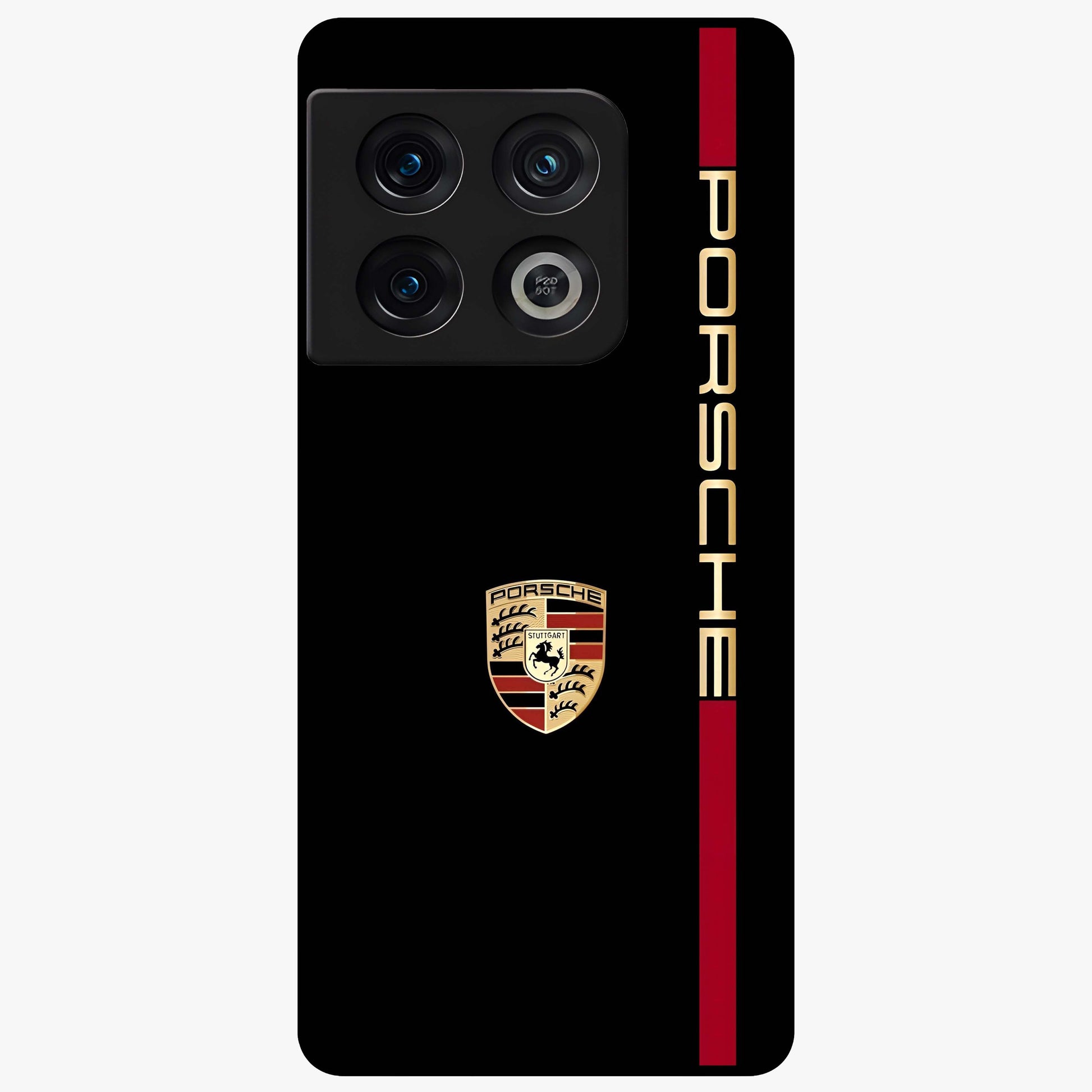 Black Minimal Porsche Glass Case showing flat back view with sleek minimal sports car artwork and glossy glass finish.