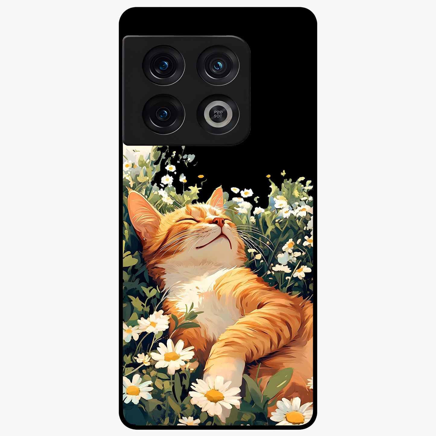 Blissful Bloom Cat Glass Case showing flat back view with cute cat and floral bloom artwork and glossy glass finish.