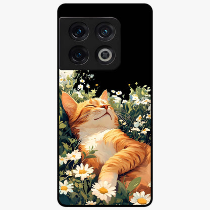 Blissful Bloom Cat Glass Case showing flat back view with cute cat and floral bloom artwork and glossy glass finish.