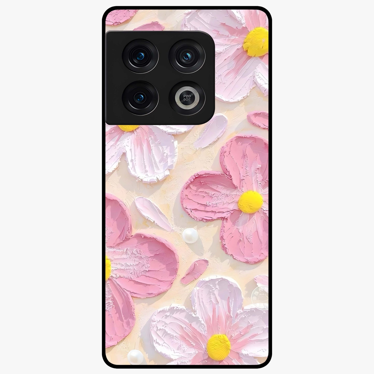 Blush Bloom Texture Glass Case showing flat back view with soft blush floral texture artwork and glossy glass finish.