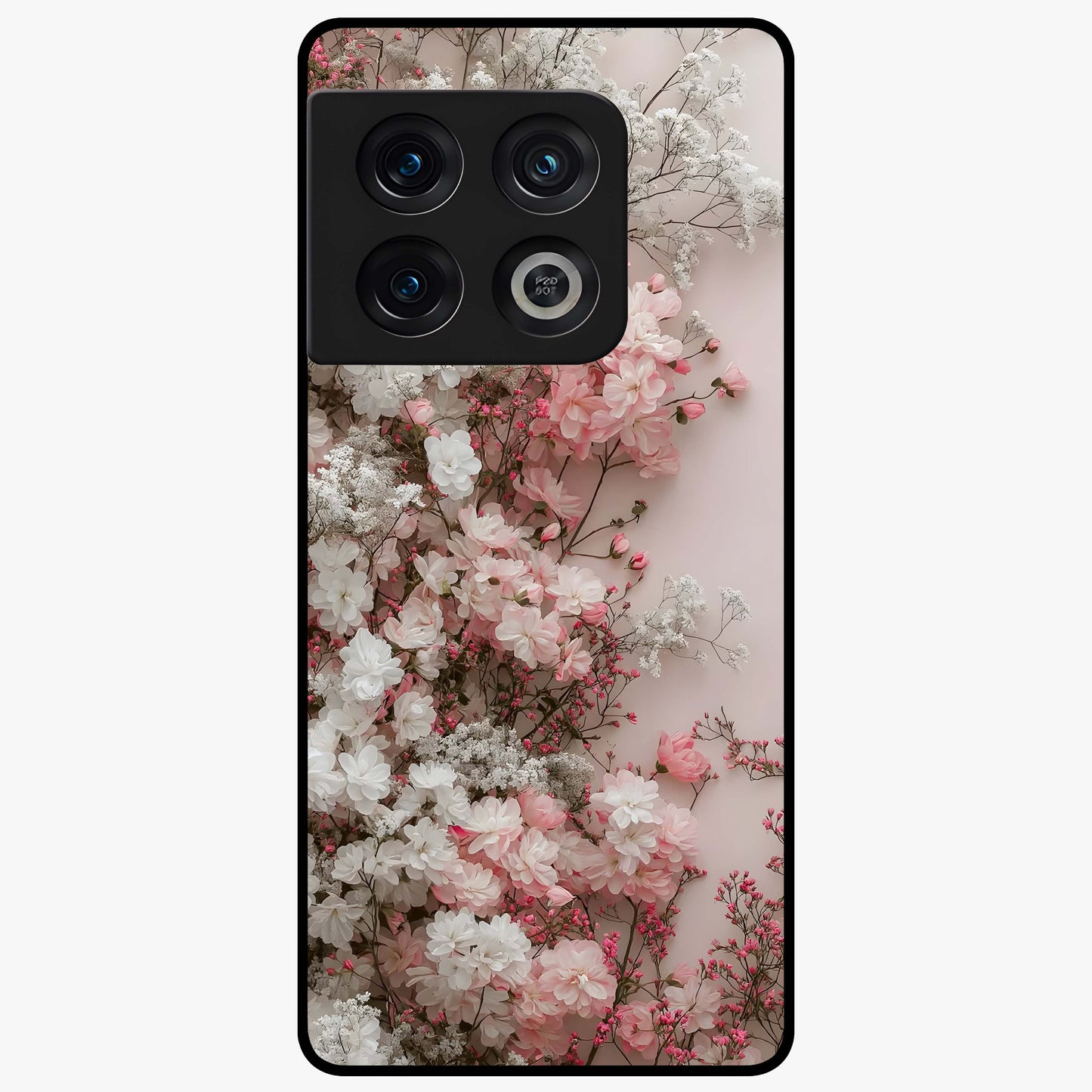 Blush Blossom Cloud Glass Case showing flat back view with dreamy blush cloud blossom artwork and glossy glass finish.